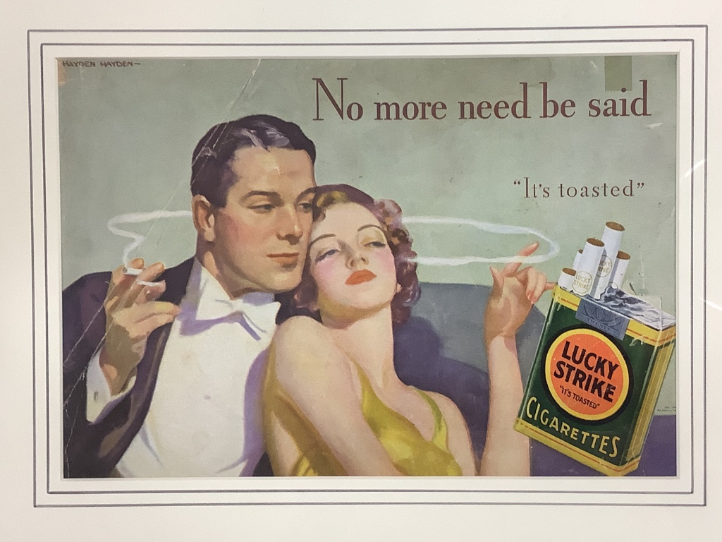 Two smoking related advertising prints, lucky strike and the castles